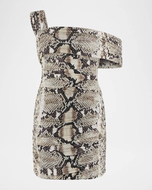 Python-Print Jersey Ruched Off-The-Shoulder Mini Dress